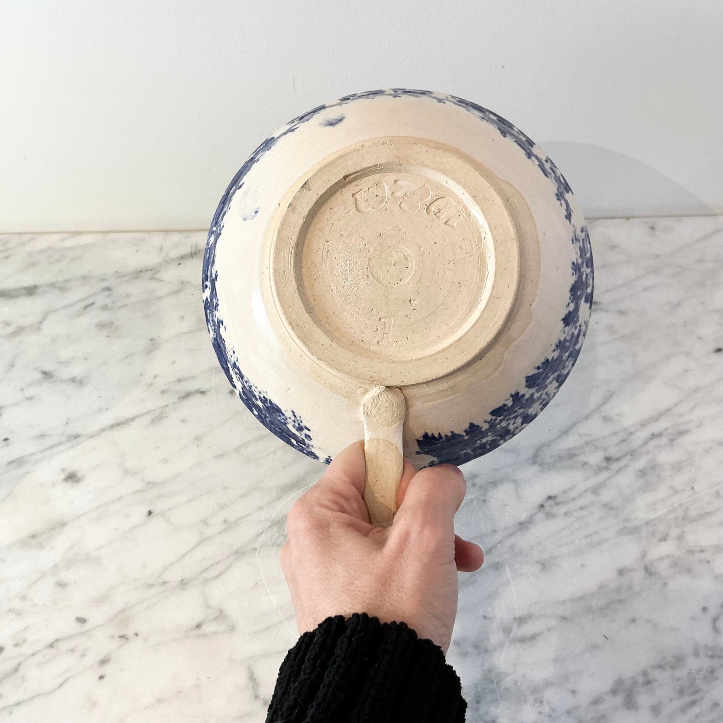 Vintage Blue Spongeware Bowl with Handle