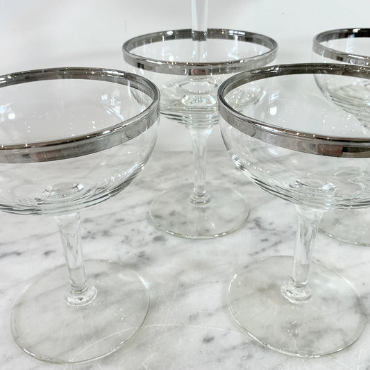 S/6 Vintage Silver Rimmed Cocktail Glasses
