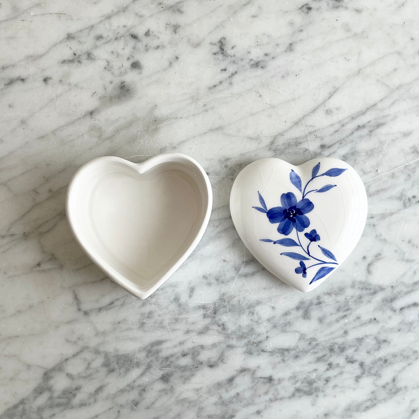 Vintage Ceramic Heart Box with Blue Flowers