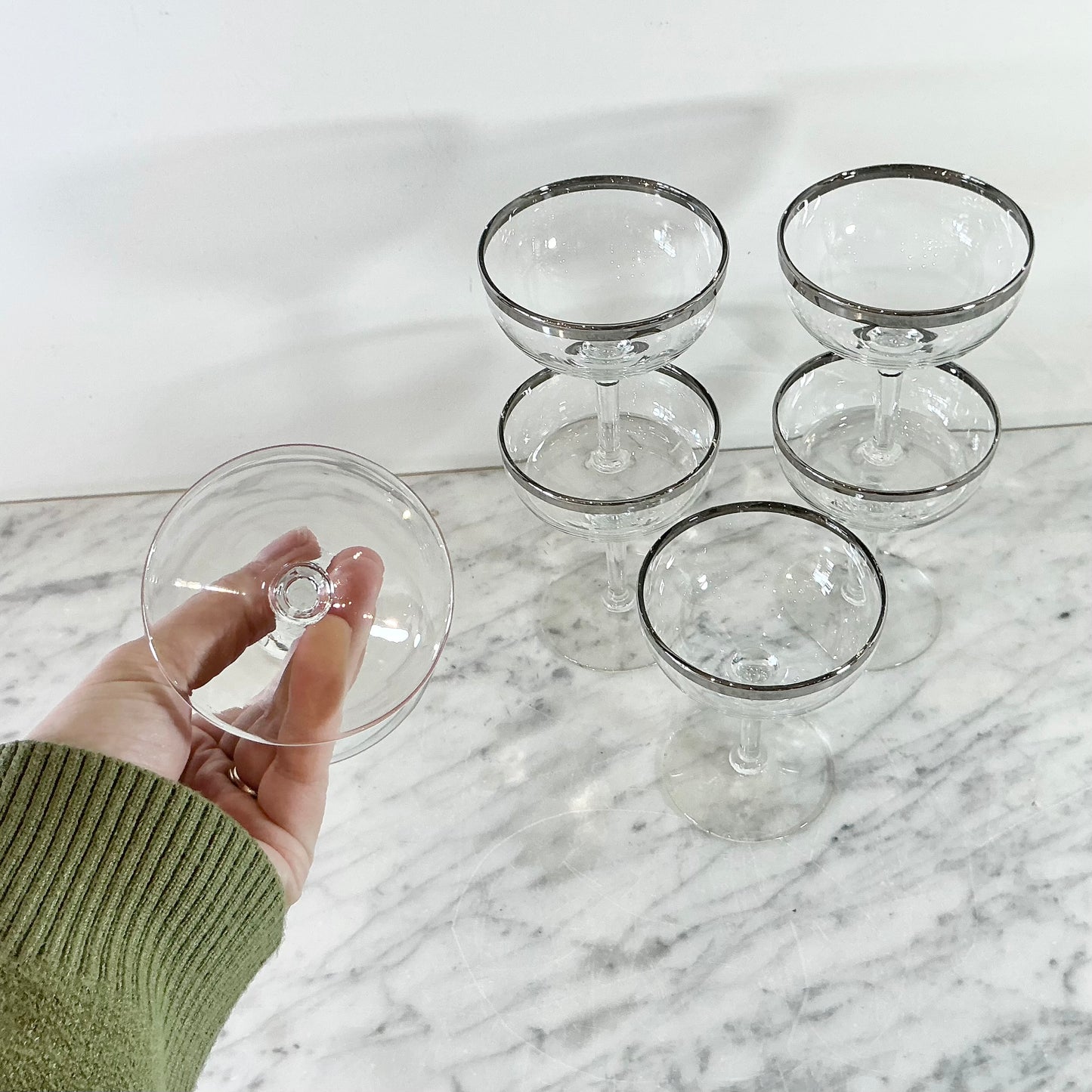 S/6 Vintage Silver Rimmed Cocktail Glasses