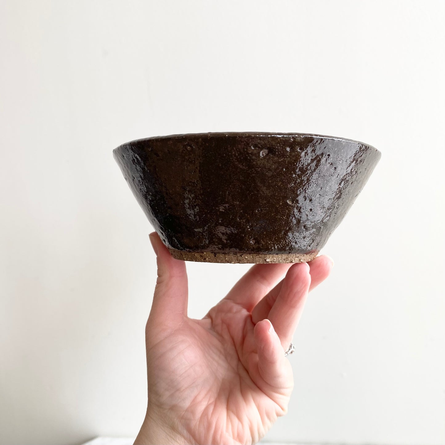 Single Found Dark Brown Pottery Bowl, 6"
