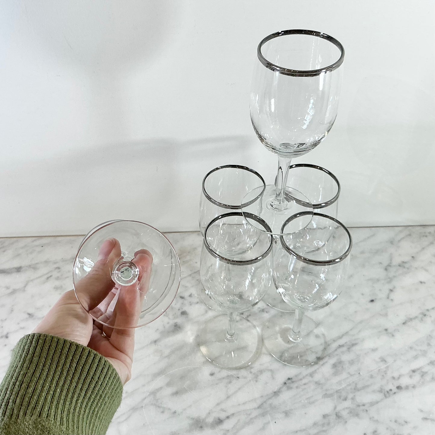S/6 Vintage Silver Rimmed Wine Glasses