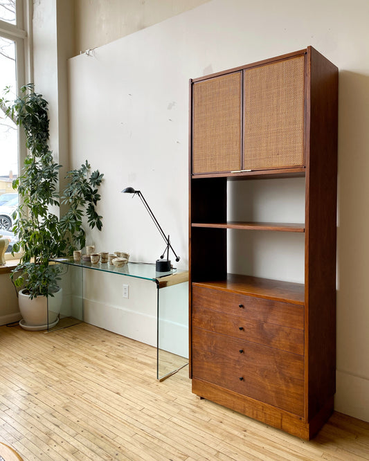 Jack Cartwright for Founders Walnut + Cane Cabinet, circa 1960