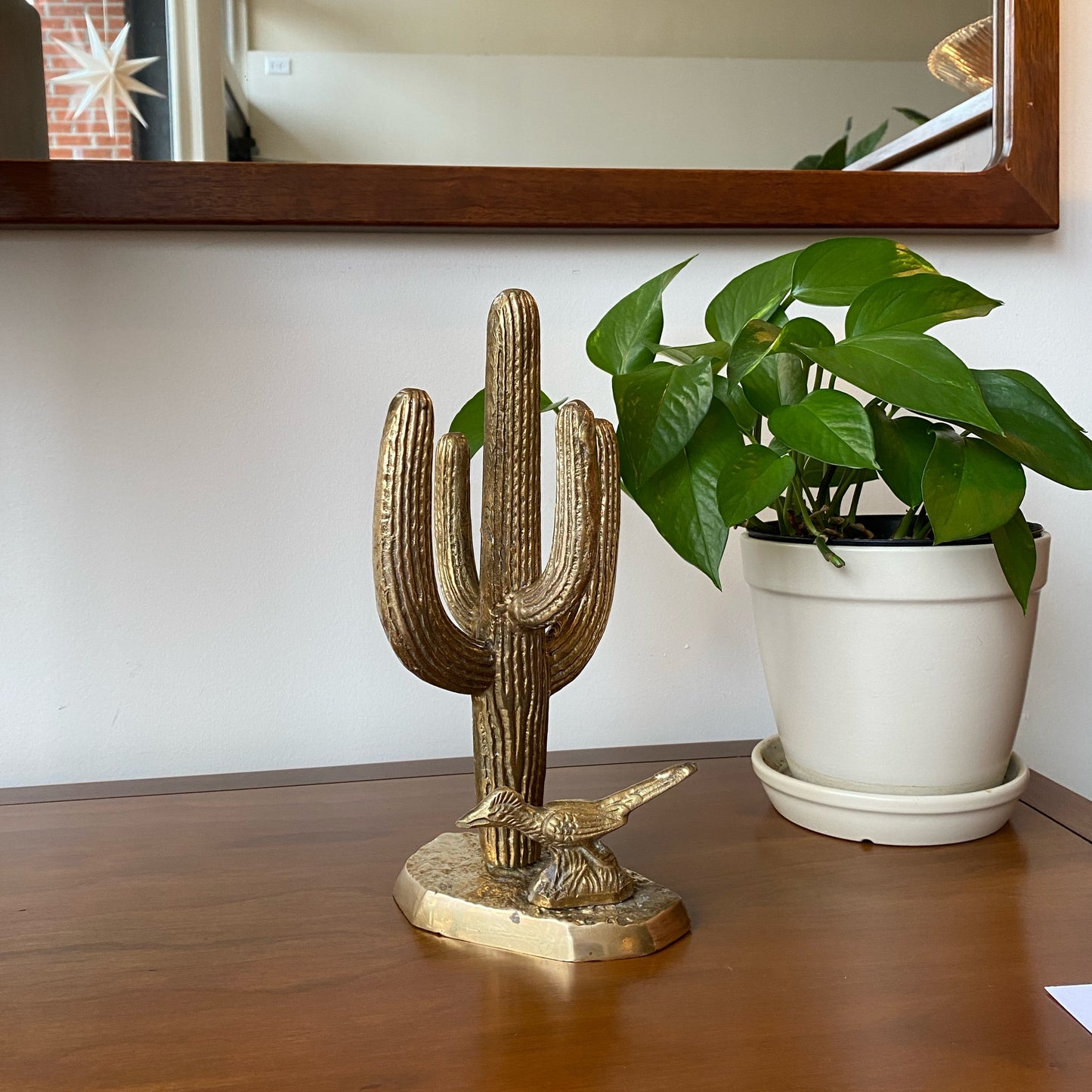 Large Vintage Brass Cactus with Roadrunner, 11"