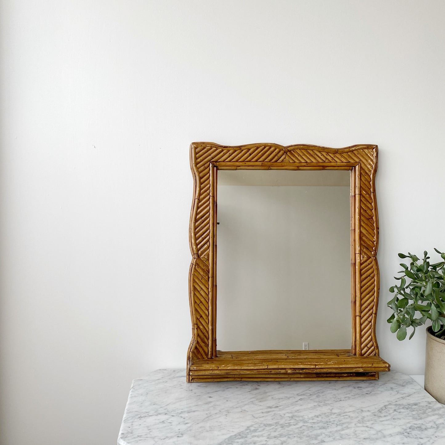 Large Vintage Rattan Mirror with Shelf (24.25" x 30")