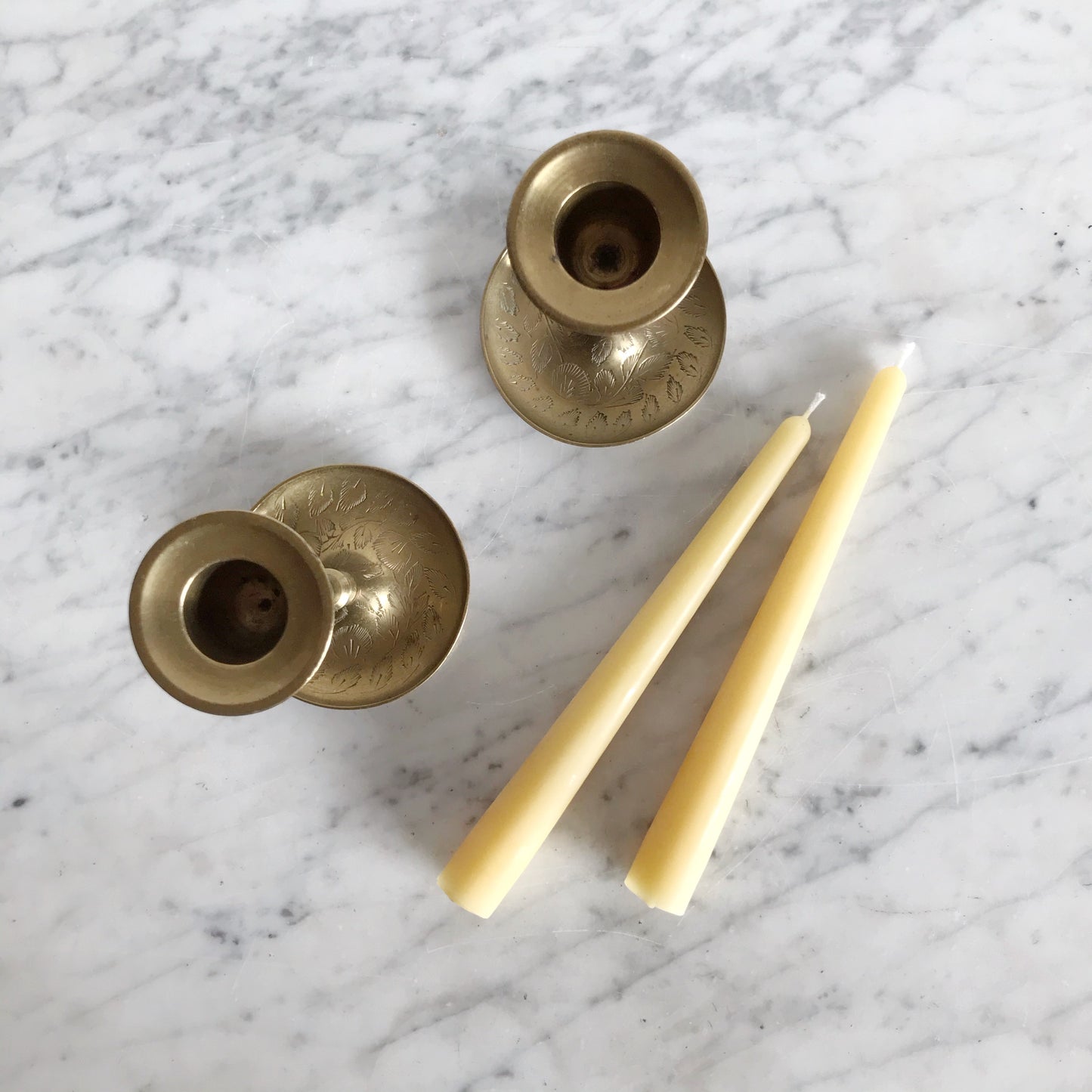Pair of Vintage Etched Brass Candle Holders