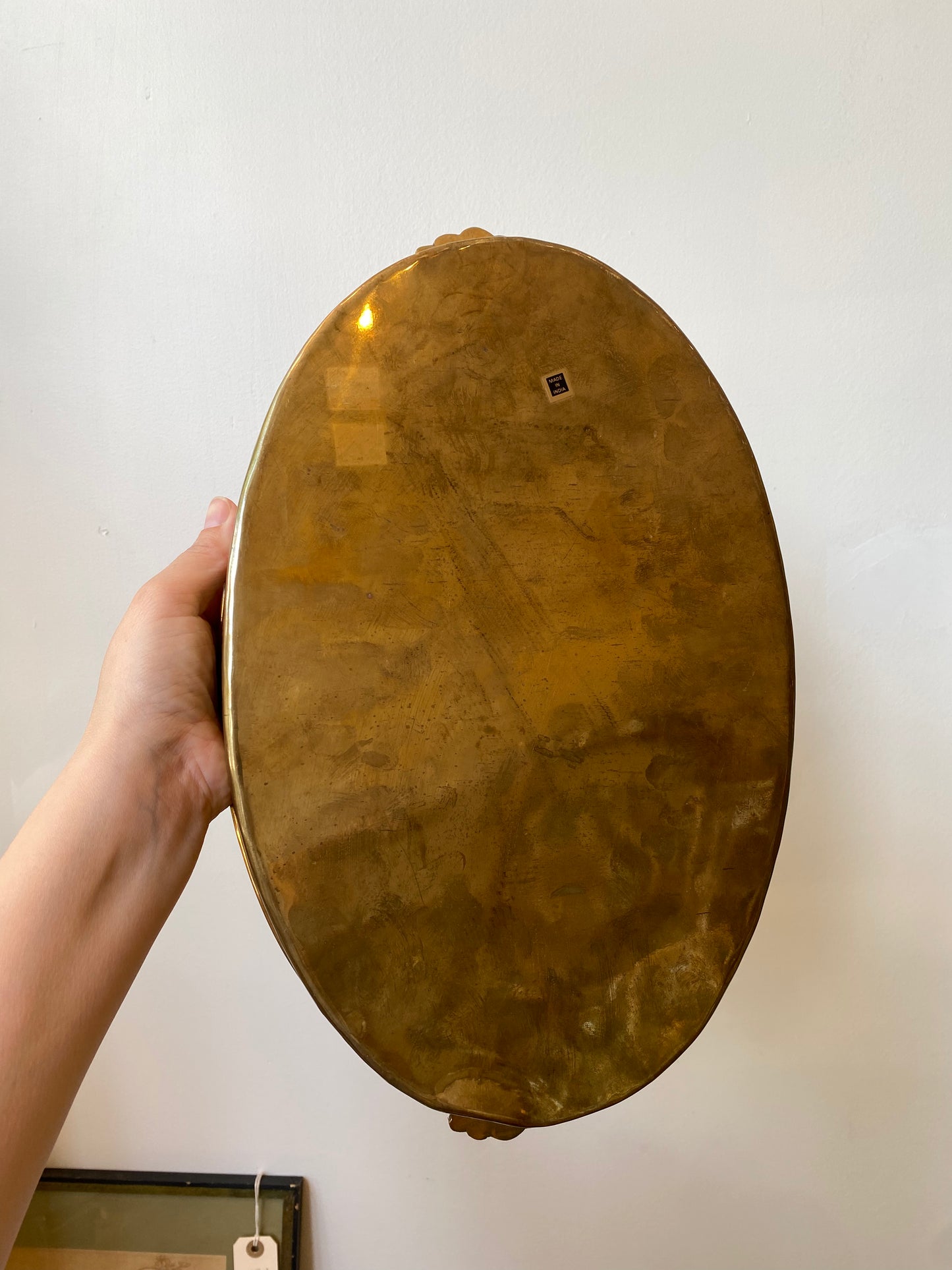 Large Vintage Oval Brass Tray with Floral Rim