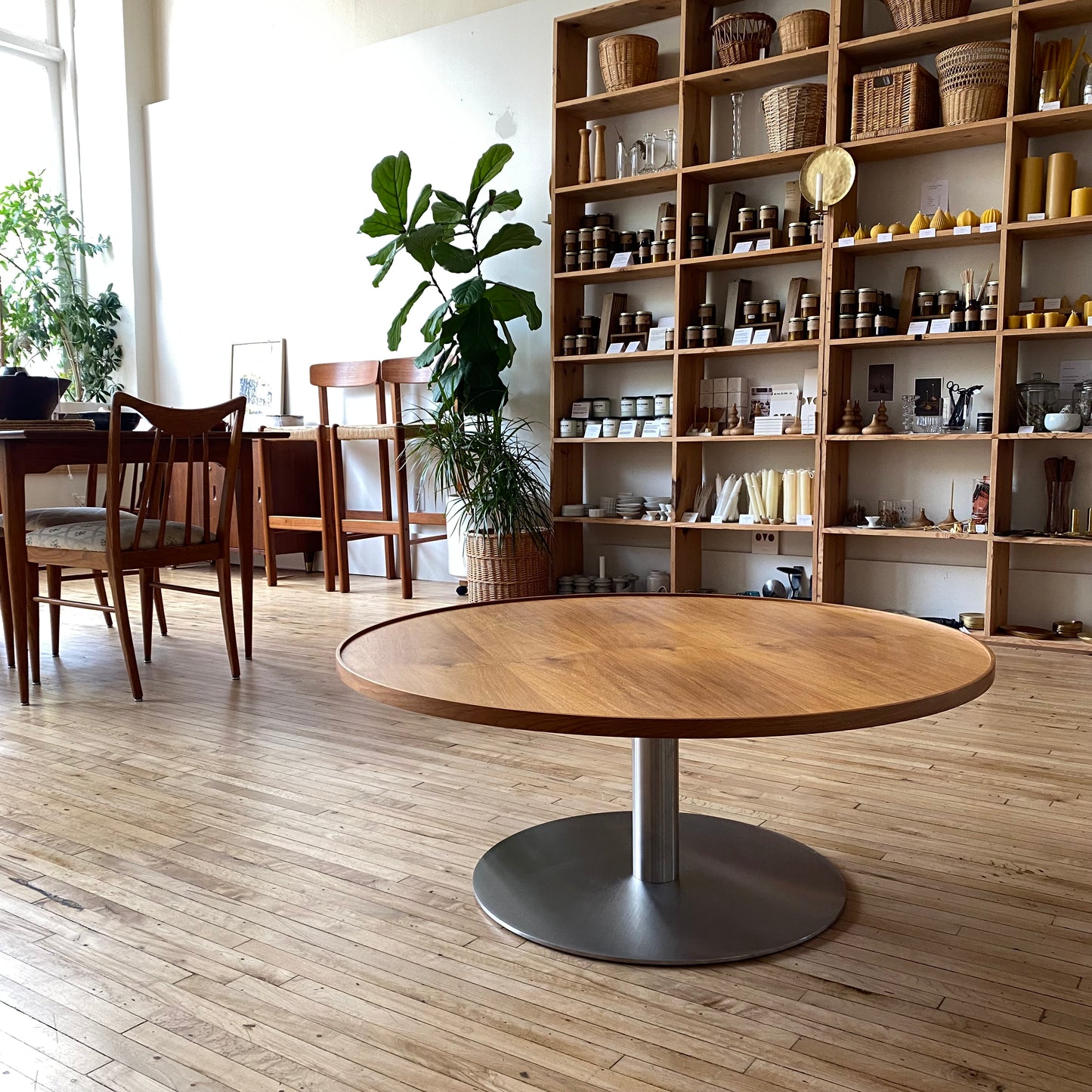 Round Walnut and Steel Coffee Table