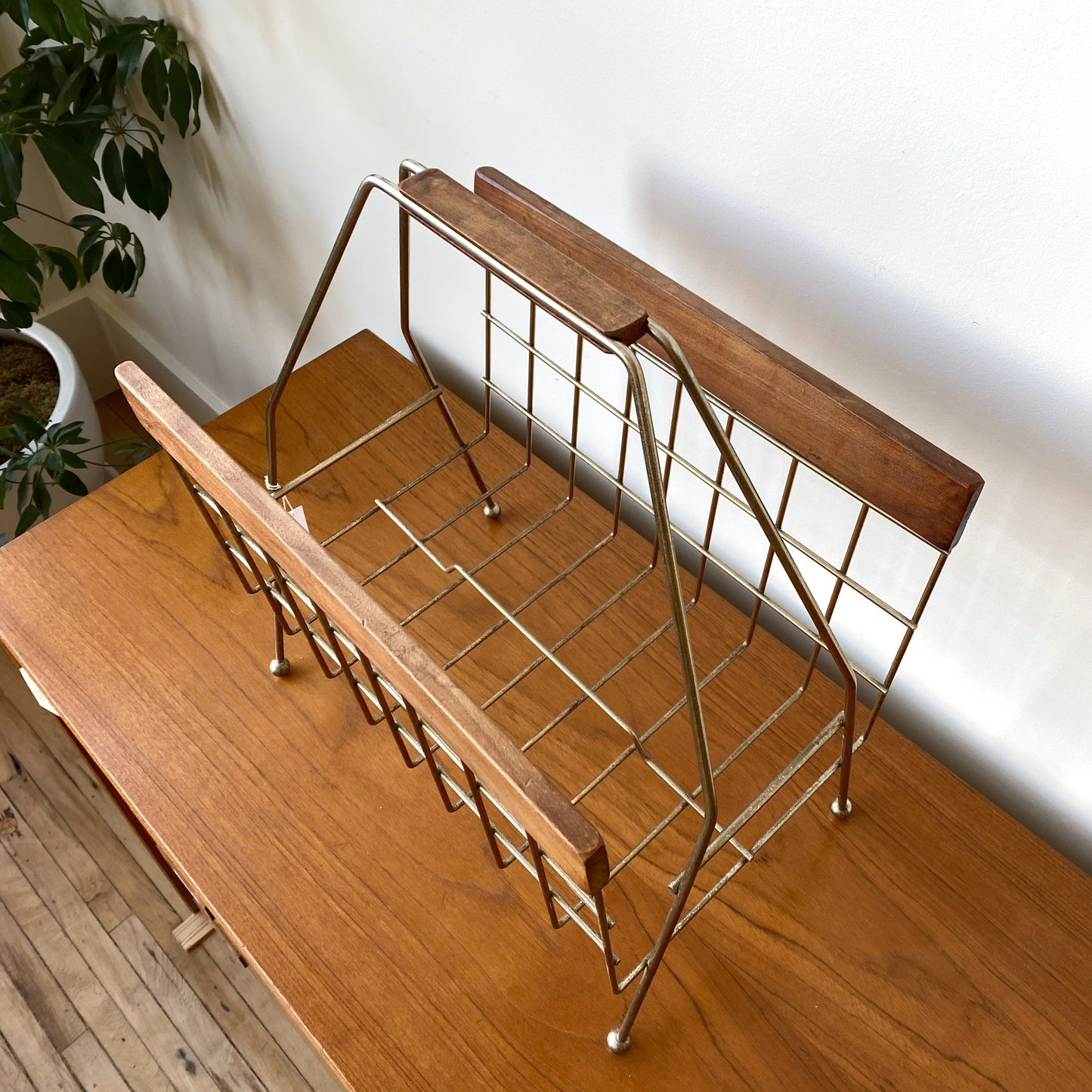 Vintage MCM Wire + Wood Magazine Rack