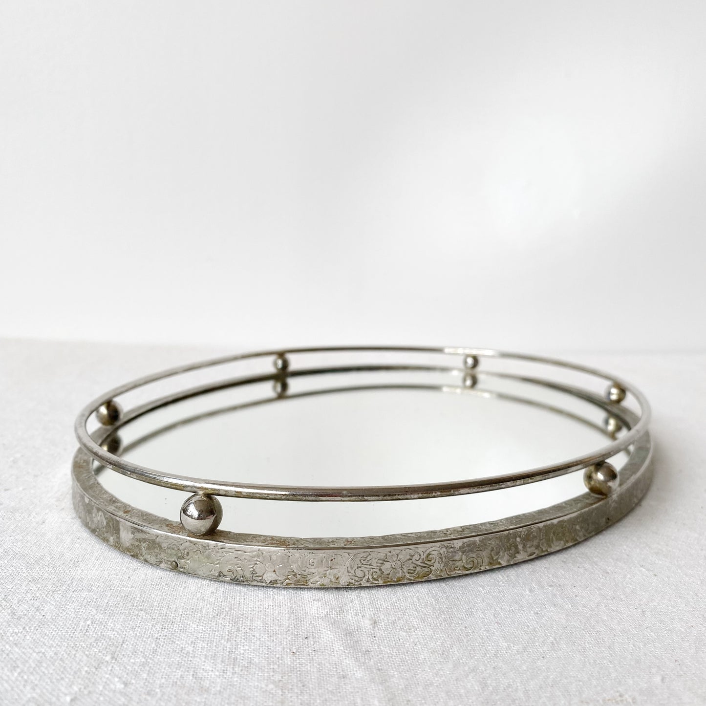 Vintage Oval Mirrored Tray with Silver Rim + Rail