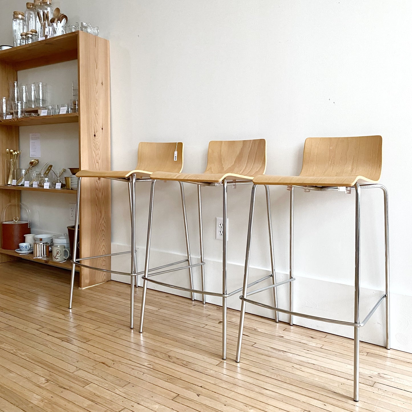 S/3 Contemporary Wood + Chrome Bar Stools