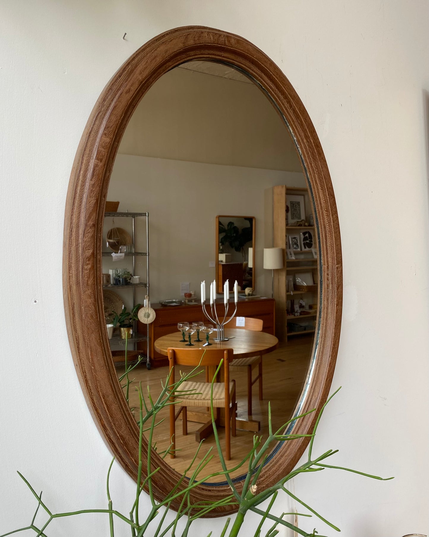 Antique Oval Mirror with Wood Frame
