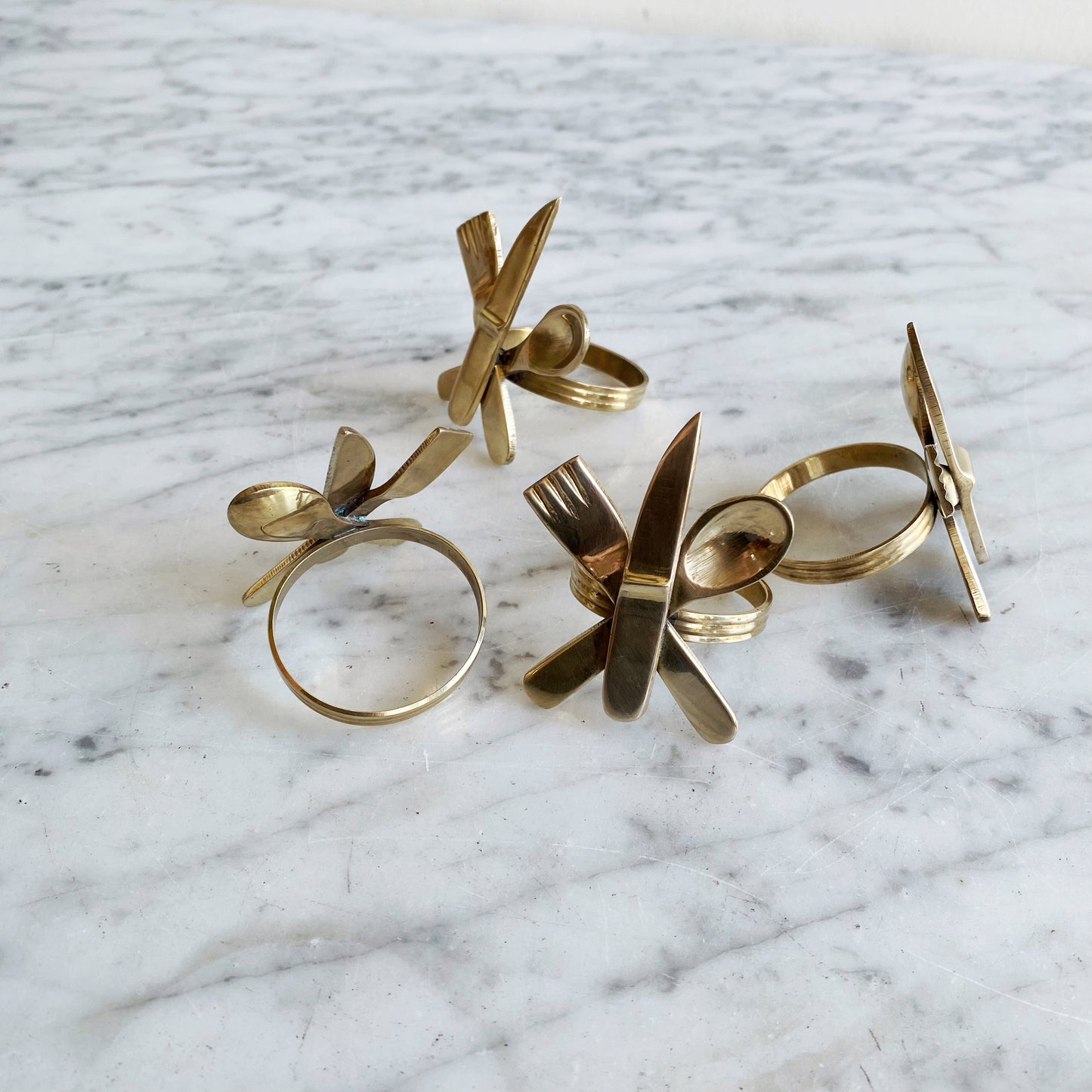 S/4 Vintage Modernist Brass "Flatware" Napkin Rings