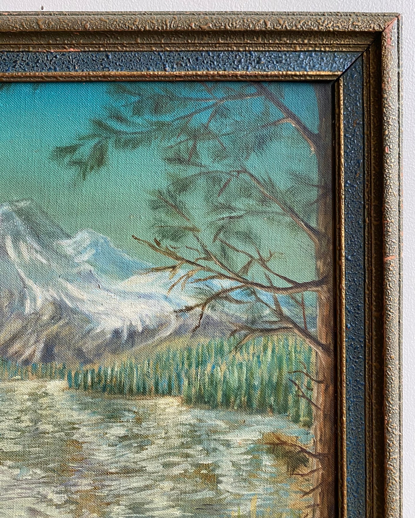Vintage Original Framed Mountain Painting, 1952