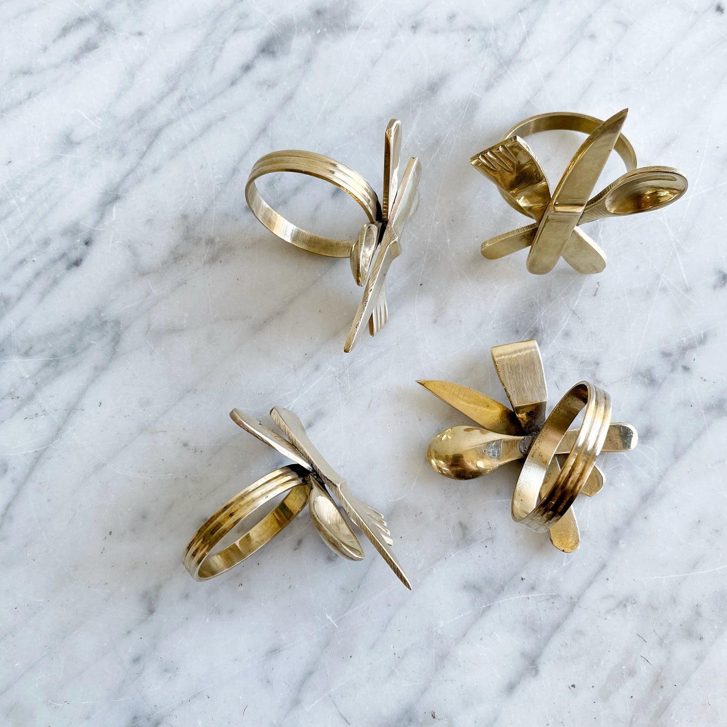 S/4 Vintage Modernist Brass "Flatware" Napkin Rings