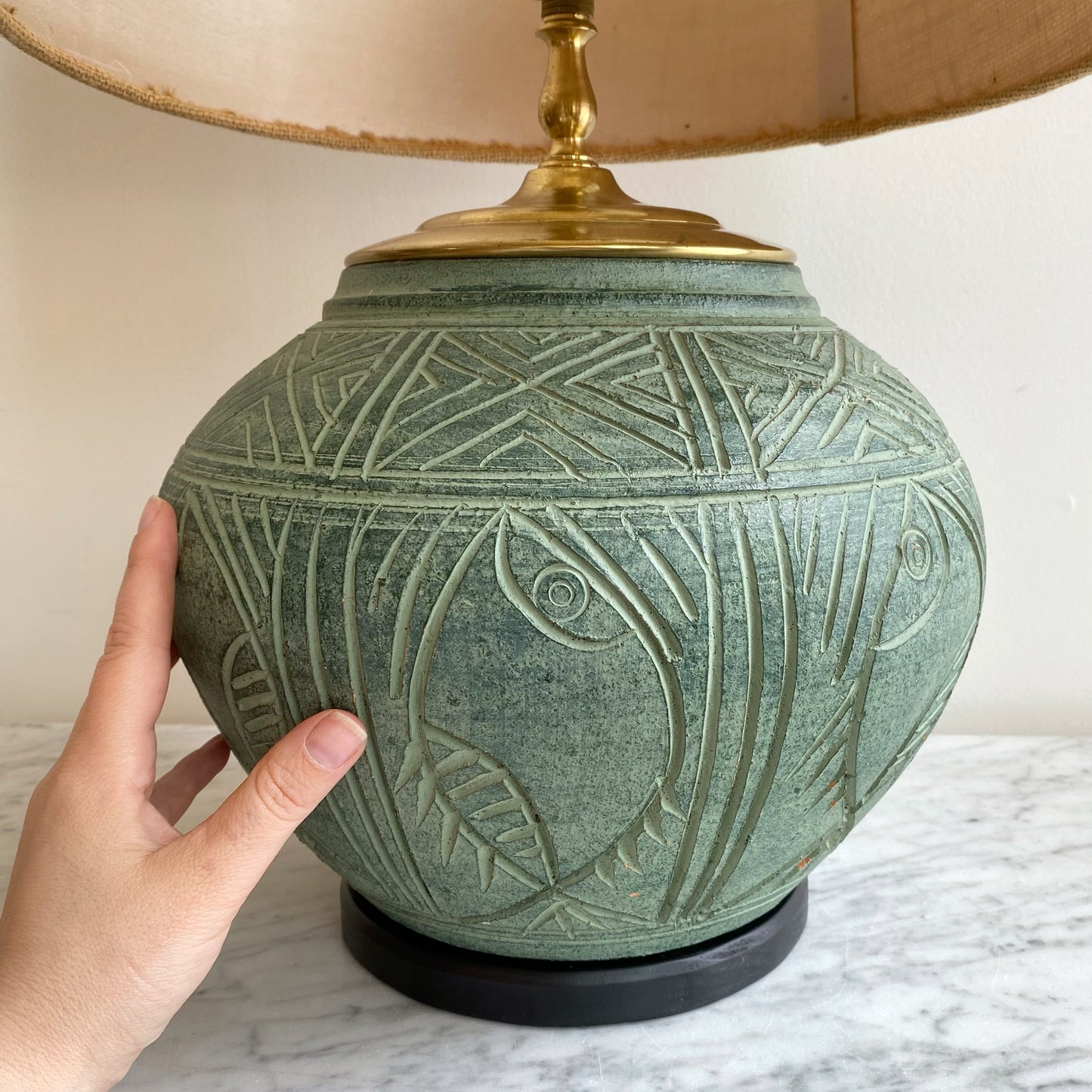 Vintage "Carved" Green Ceramic Lamp