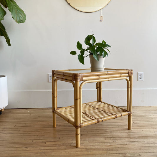 Vintage Rattan + Glass End Table