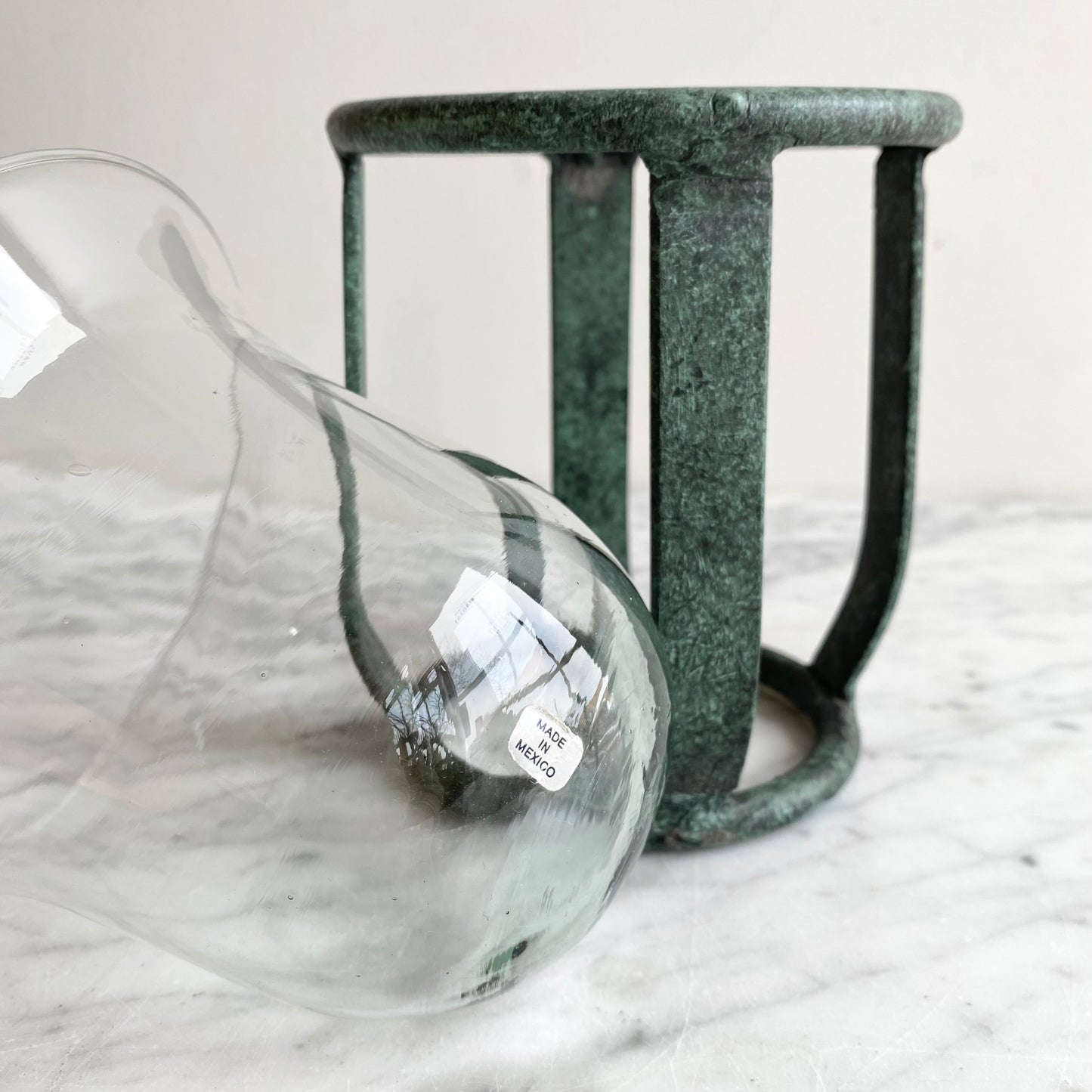 Vintage Blown Glass Candle Holder with Metal Stand, Mexico