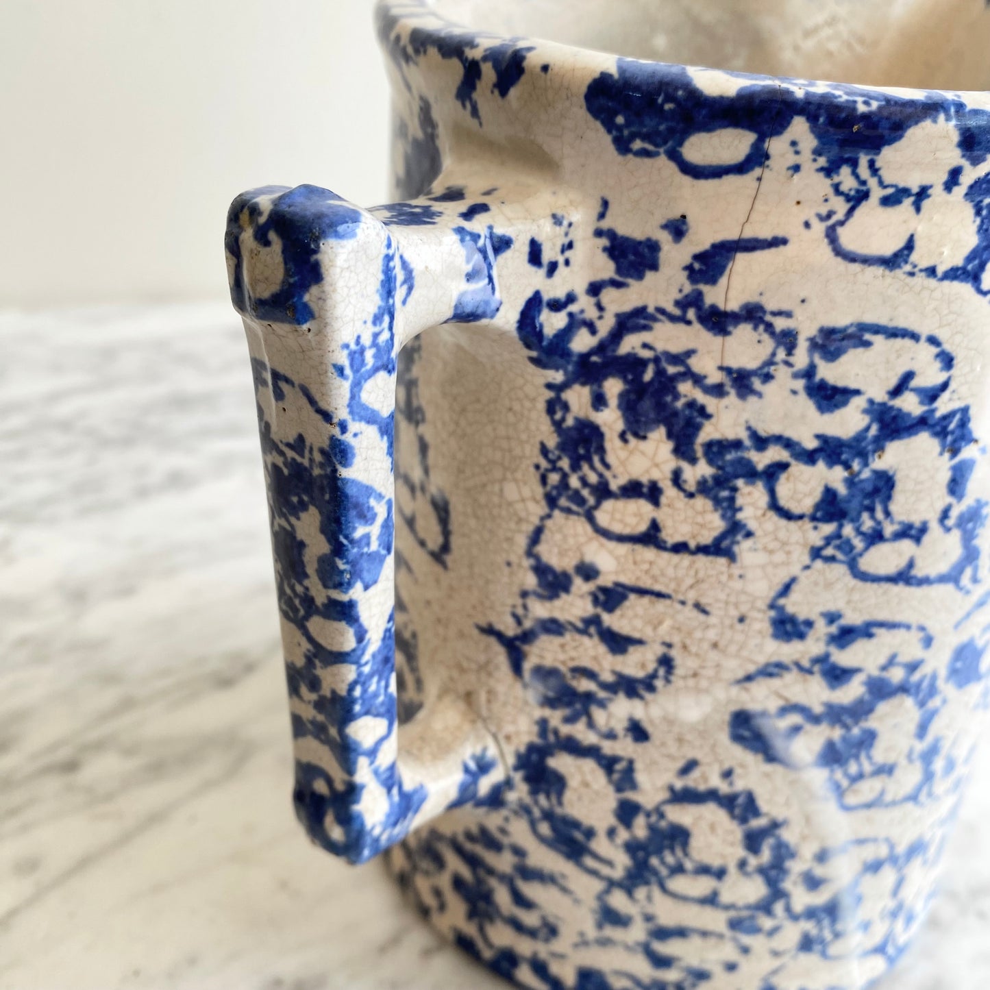 Antique Blue Spongeware Pottery Pitcher, 7”