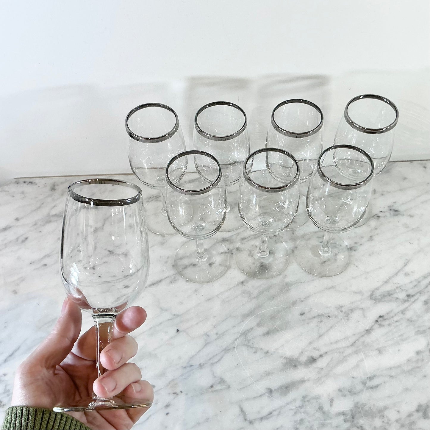S/8 Small Vintage Silver Rimmed Wine Glasses