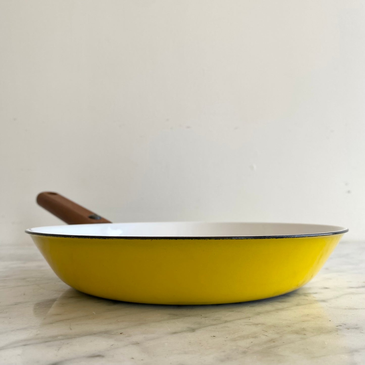 Vintage Yellow + White Enamel Skillet with Wood Handle
