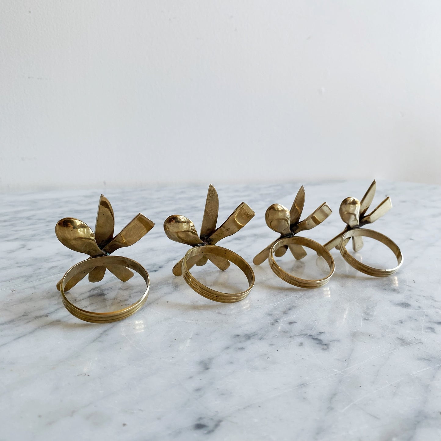 S/4 Vintage Modernist Brass "Flatware" Napkin Rings