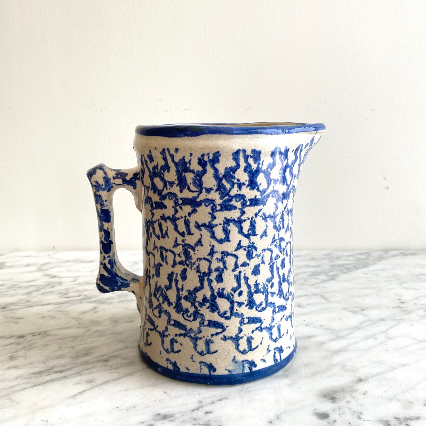 Antique Blue Spongeware Pottery Pitcher, 7”