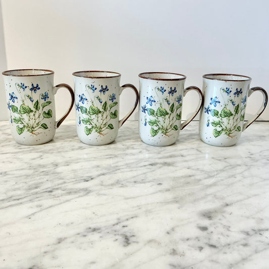 S/4 Vintage Stoneware Blue Floral Mugs