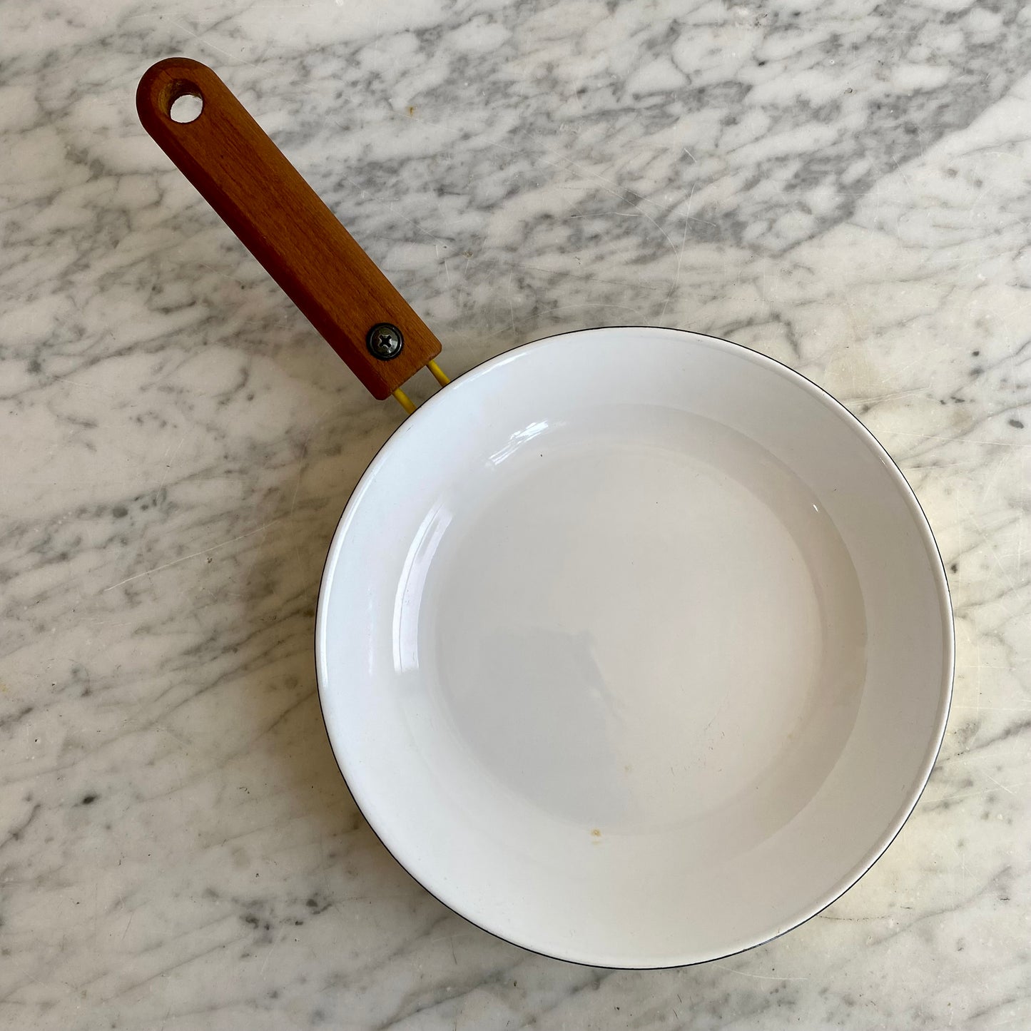 Vintage Yellow + White Enamel Skillet with Wood Handle