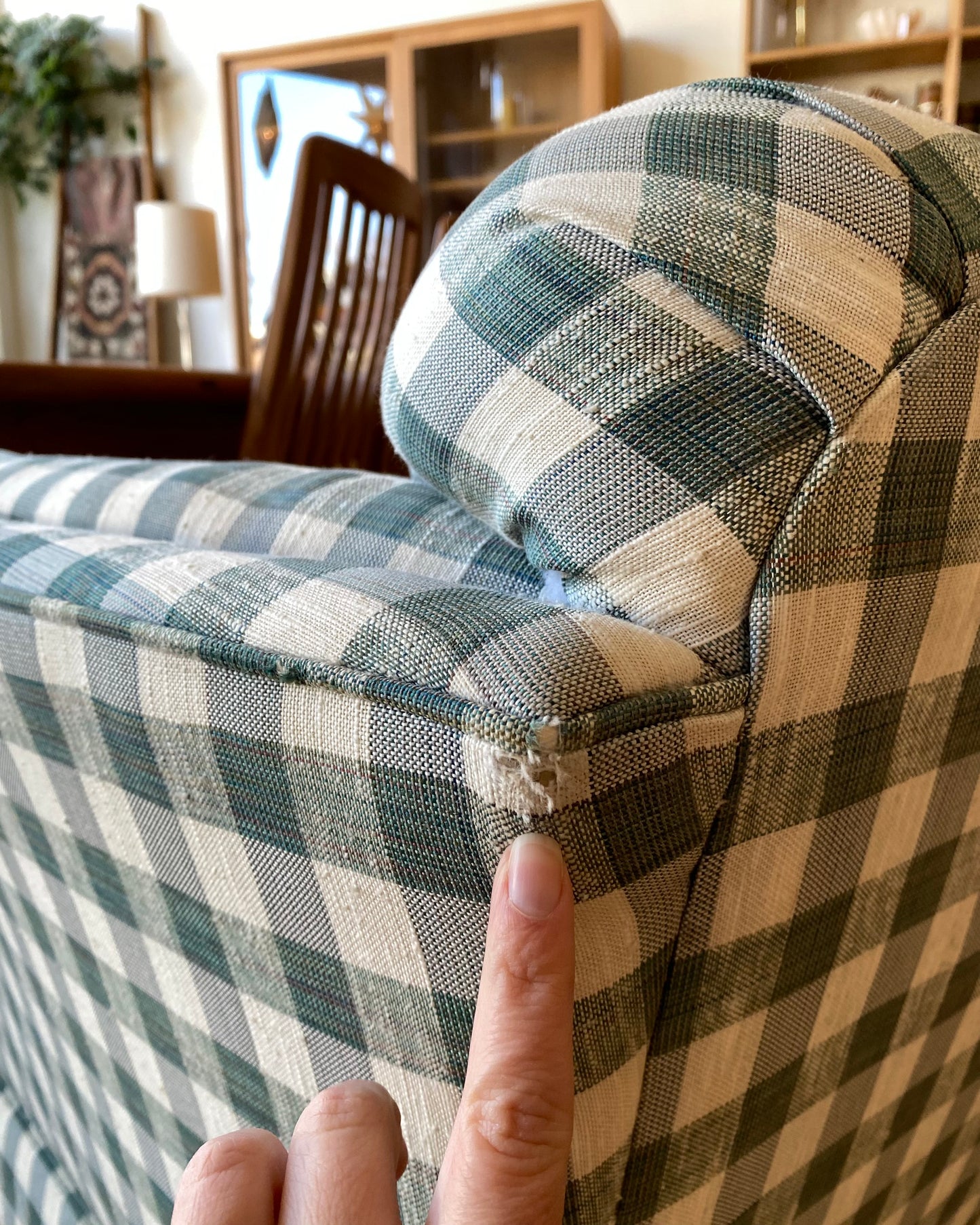 Vintage Green + White Gingham Sofa by Flexsteel