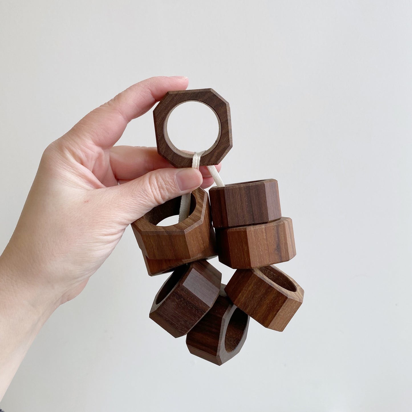 S/8 Vintage Geometric Walnut Napkin Rings