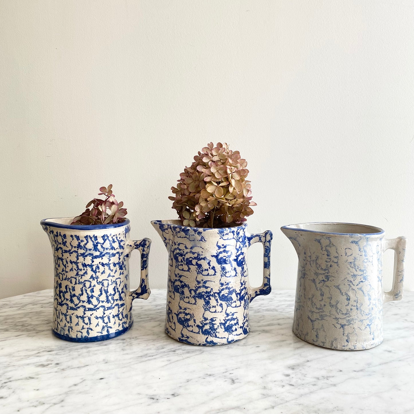 Antique Blue Spongeware Pottery Pitcher, 7”