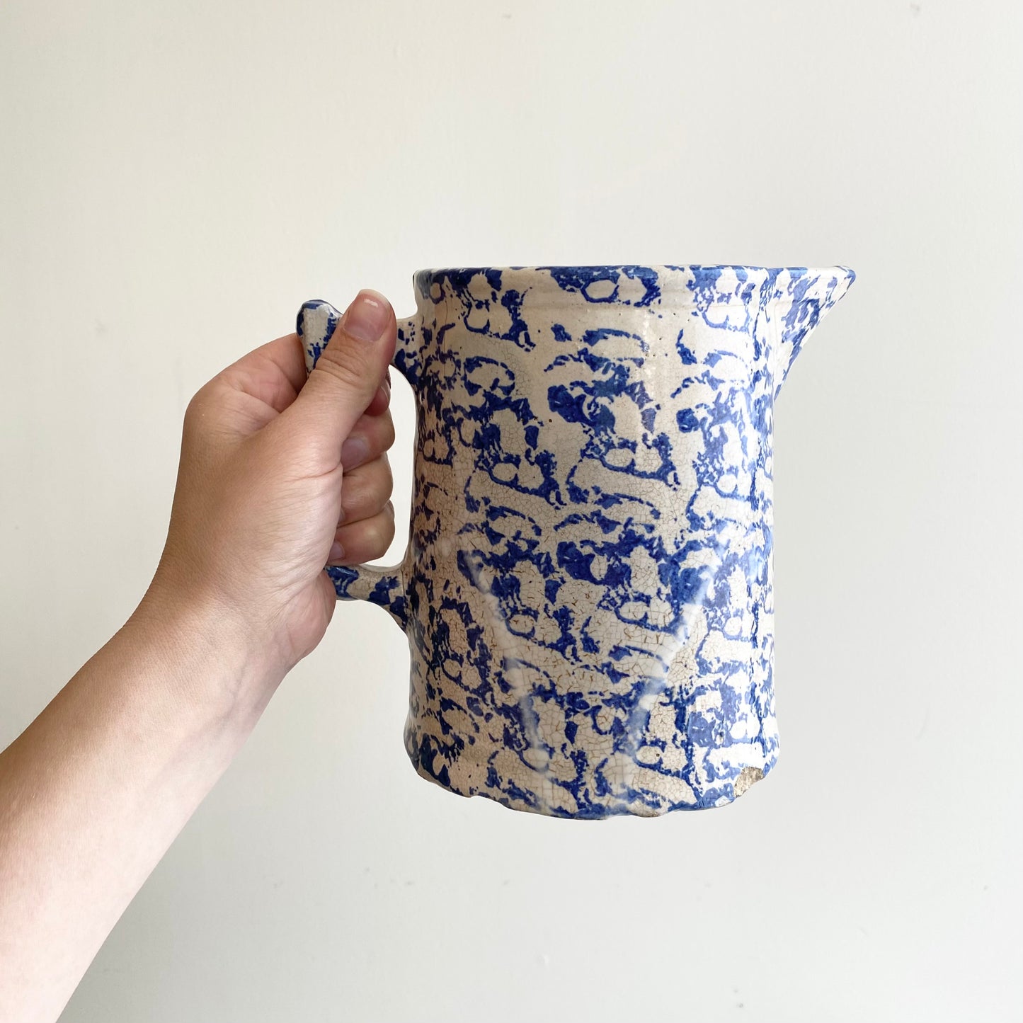 Antique Blue Spongeware Pottery Pitcher, 7”