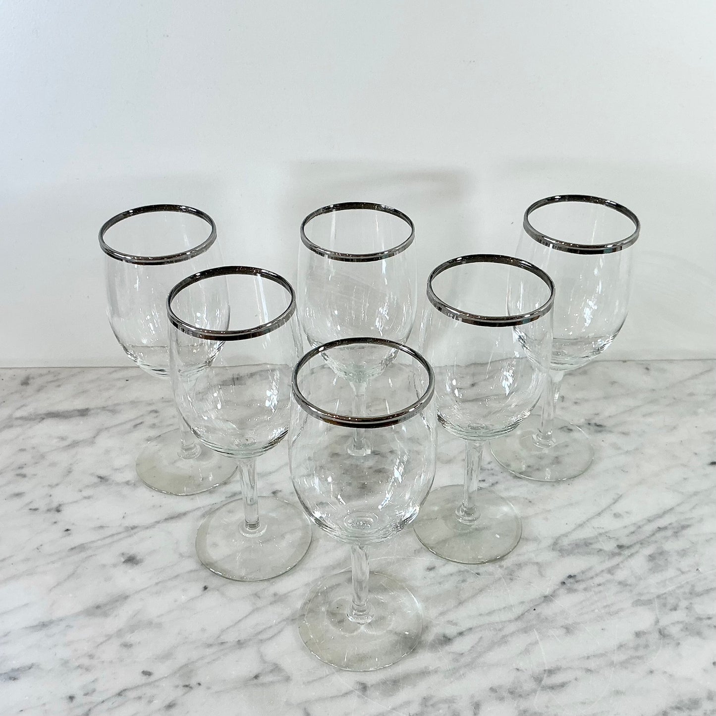 S/6 Vintage Silver Rimmed Wine Glasses