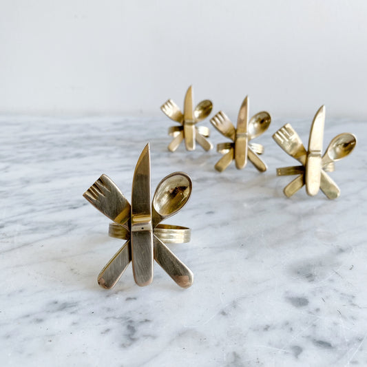 S/4 Vintage Modernist Brass "Flatware" Napkin Rings