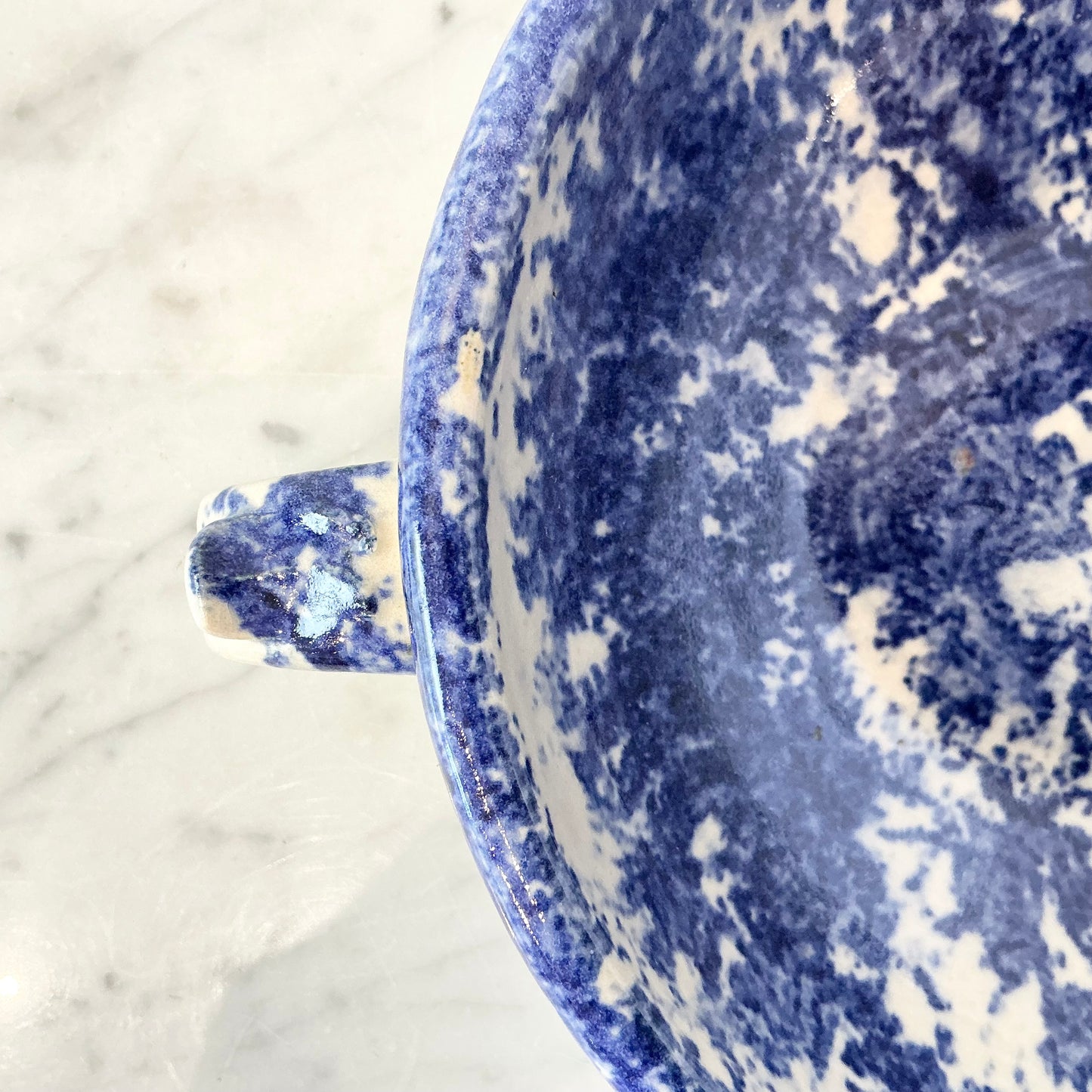 Vintage Blue Spongeware Bowl with Handle