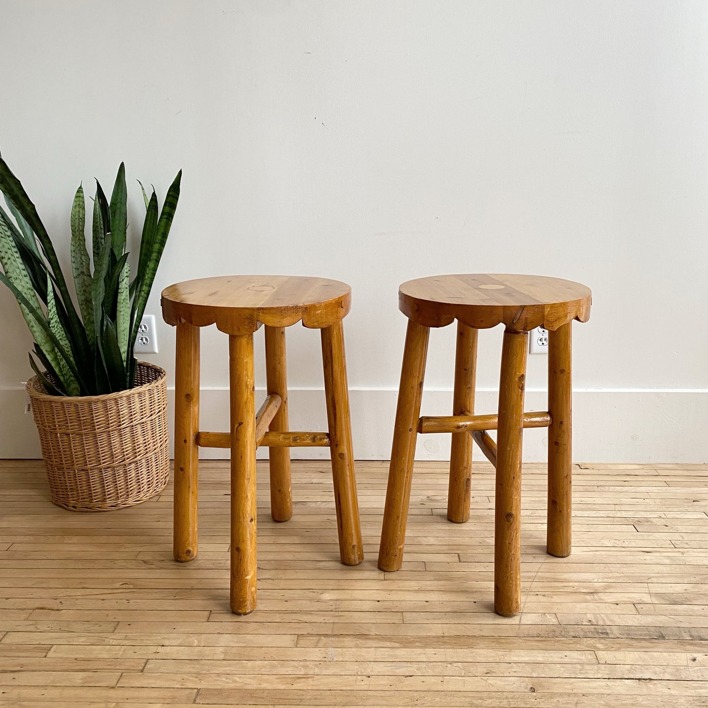 Pair of Vintage Handcrafted Folksy Pine Stools