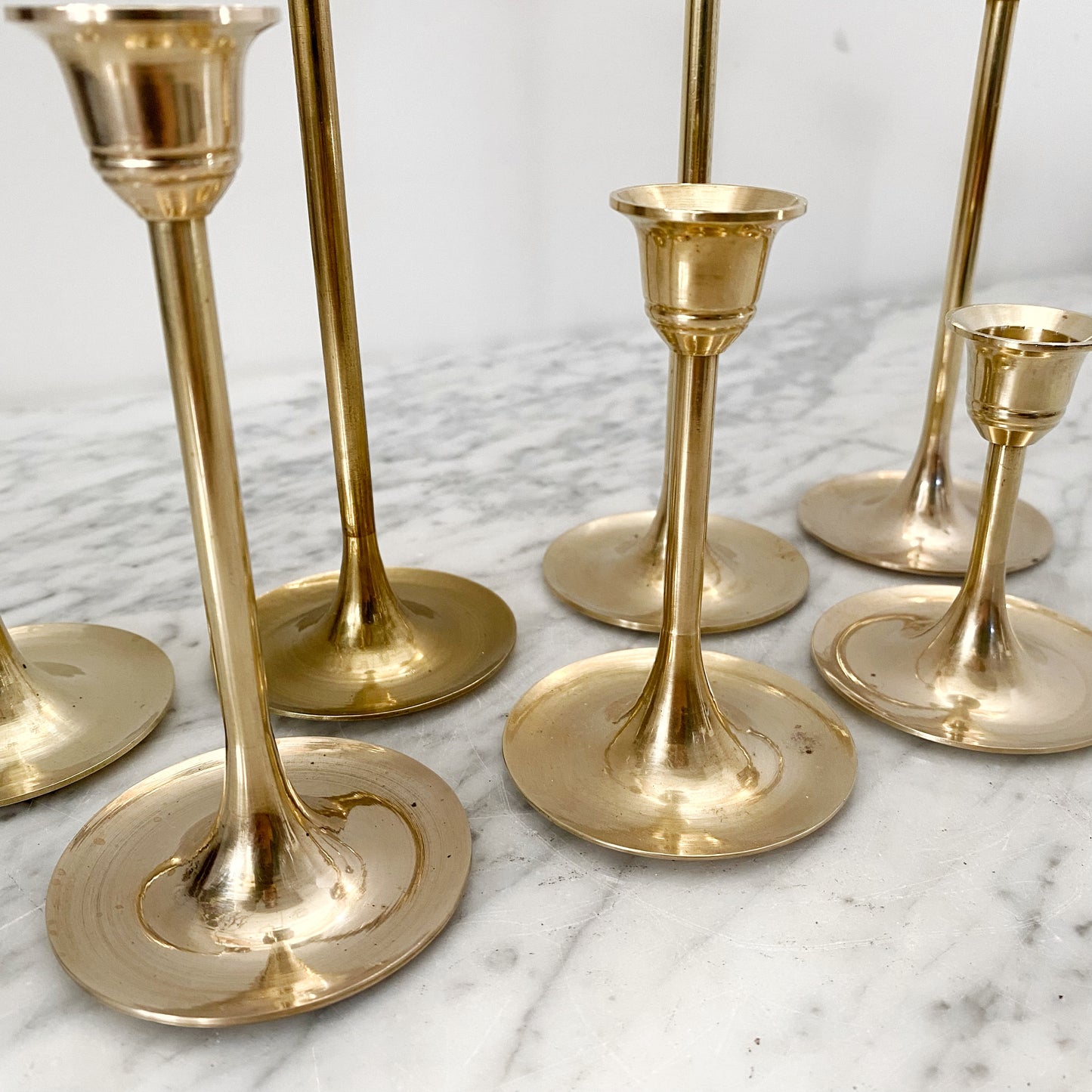 Collection of 7 Vintage Slender Brass Candlestick Holders