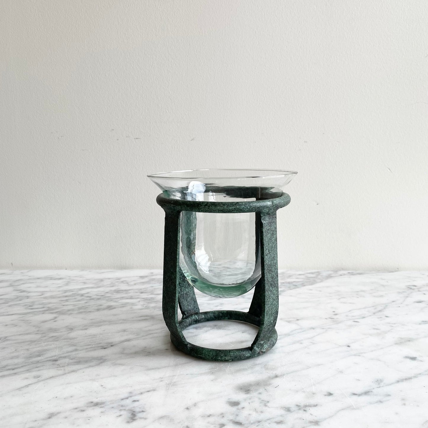 Vintage Blown Glass Candle Holder with Metal Stand, Mexico