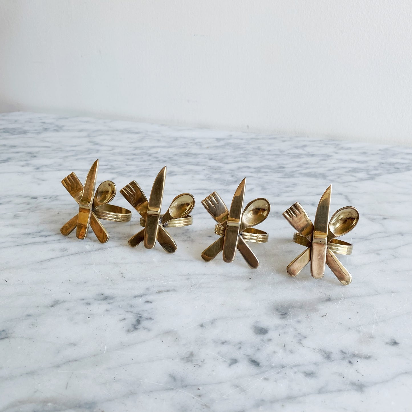 S/4 Vintage Modernist Brass "Flatware" Napkin Rings