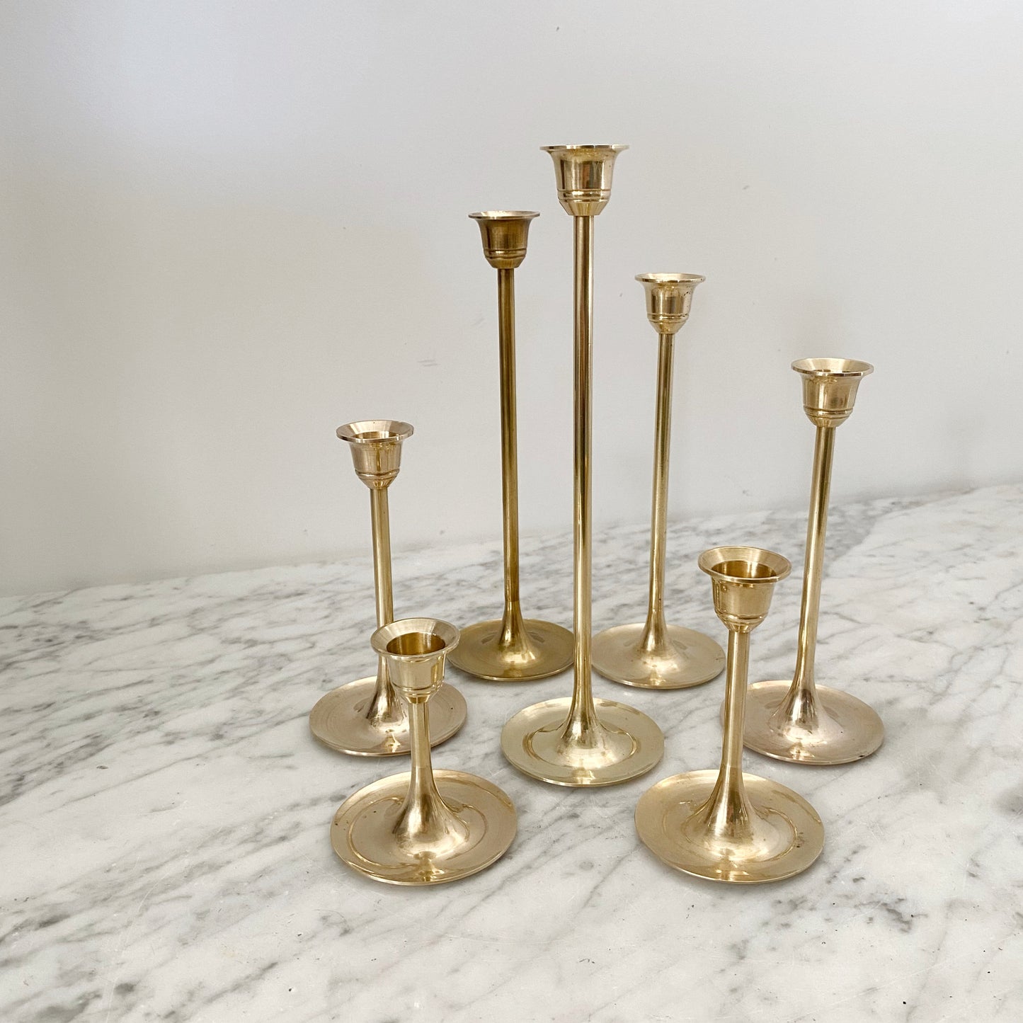 Collection of 7 Vintage Slender Brass Candlestick Holders