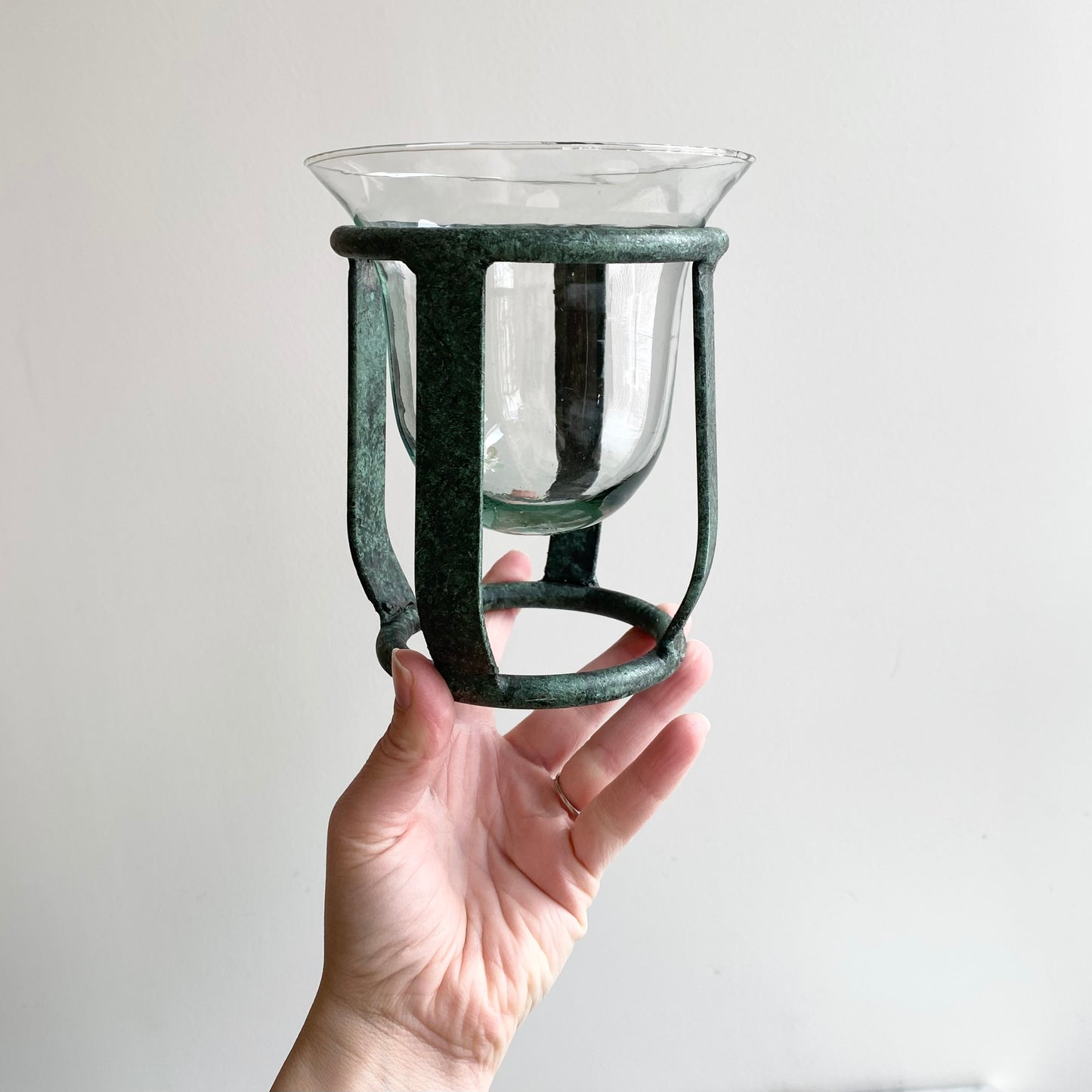 Vintage Blown Glass Candle Holder with Metal Stand, Mexico