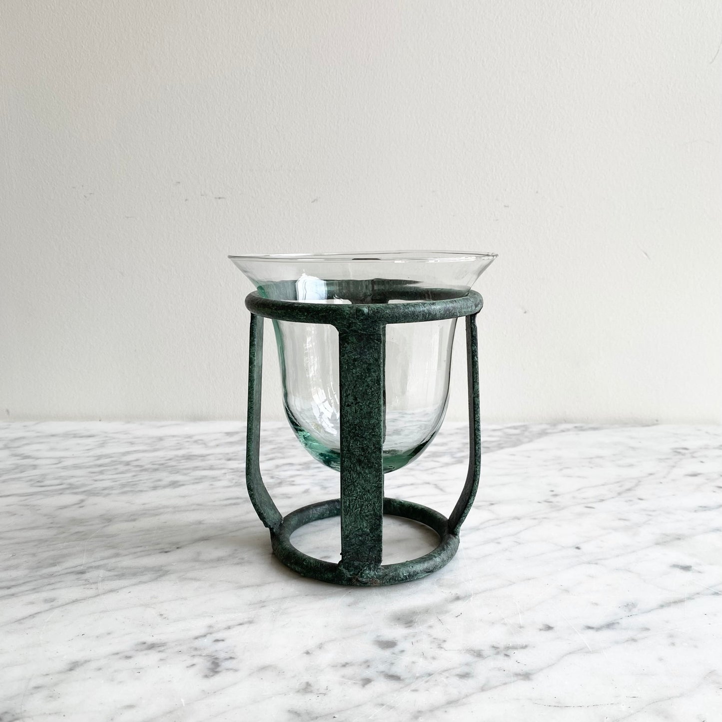 Vintage Blown Glass Candle Holder with Metal Stand, Mexico