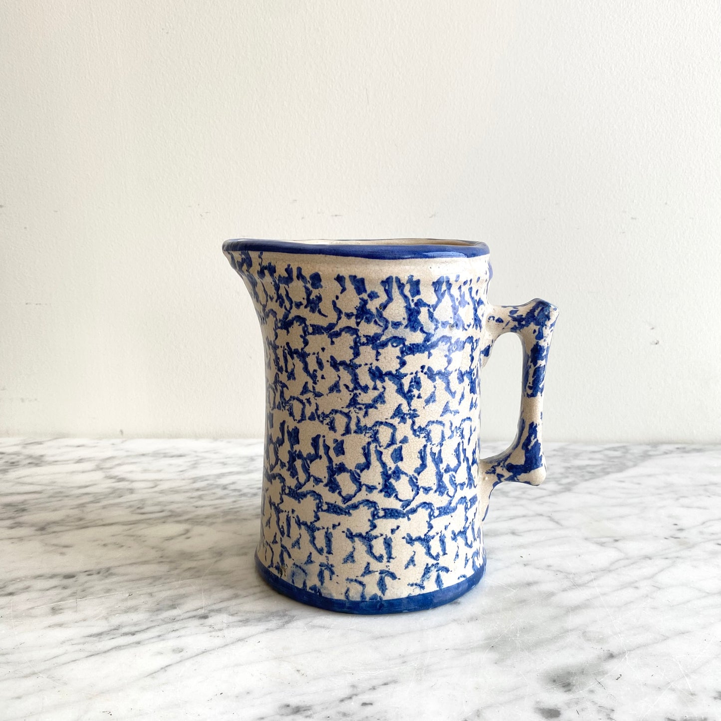 Antique Blue Spongeware Pottery Pitcher, 7”