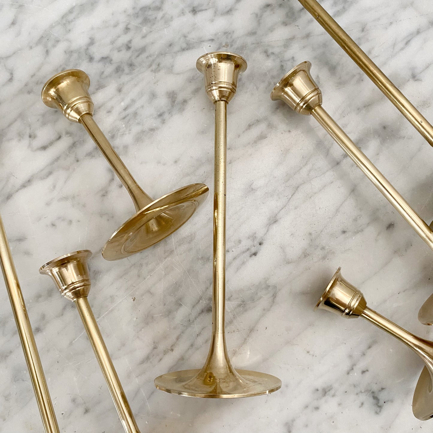 Collection of 7 Vintage Slender Brass Candlestick Holders