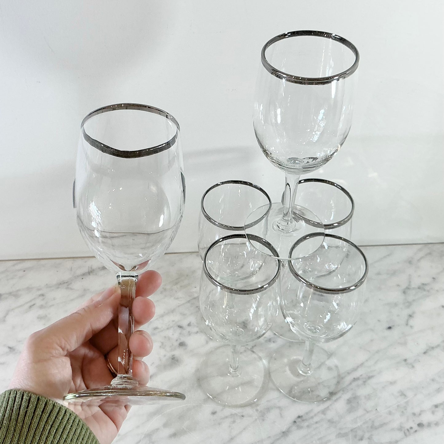 S/6 Vintage Silver Rimmed Wine Glasses