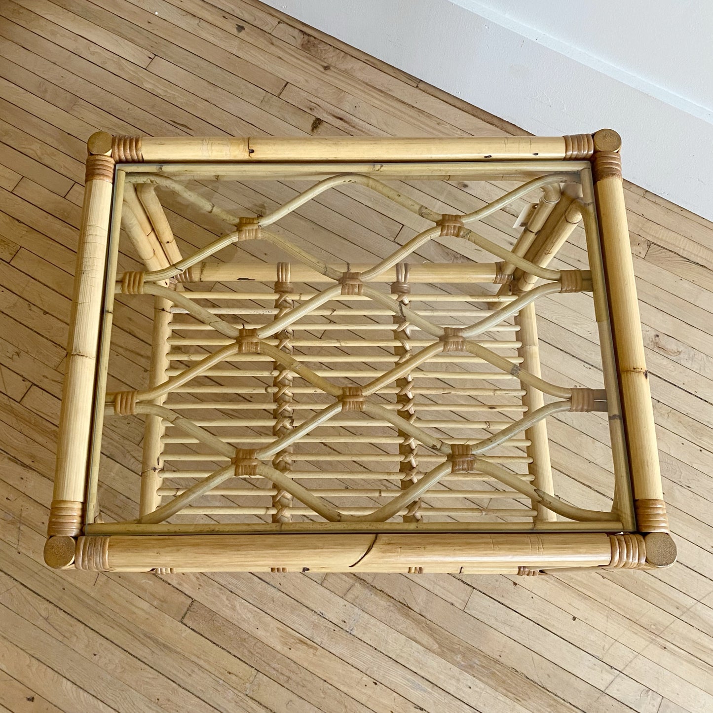 Vintage Rattan + Glass End Table