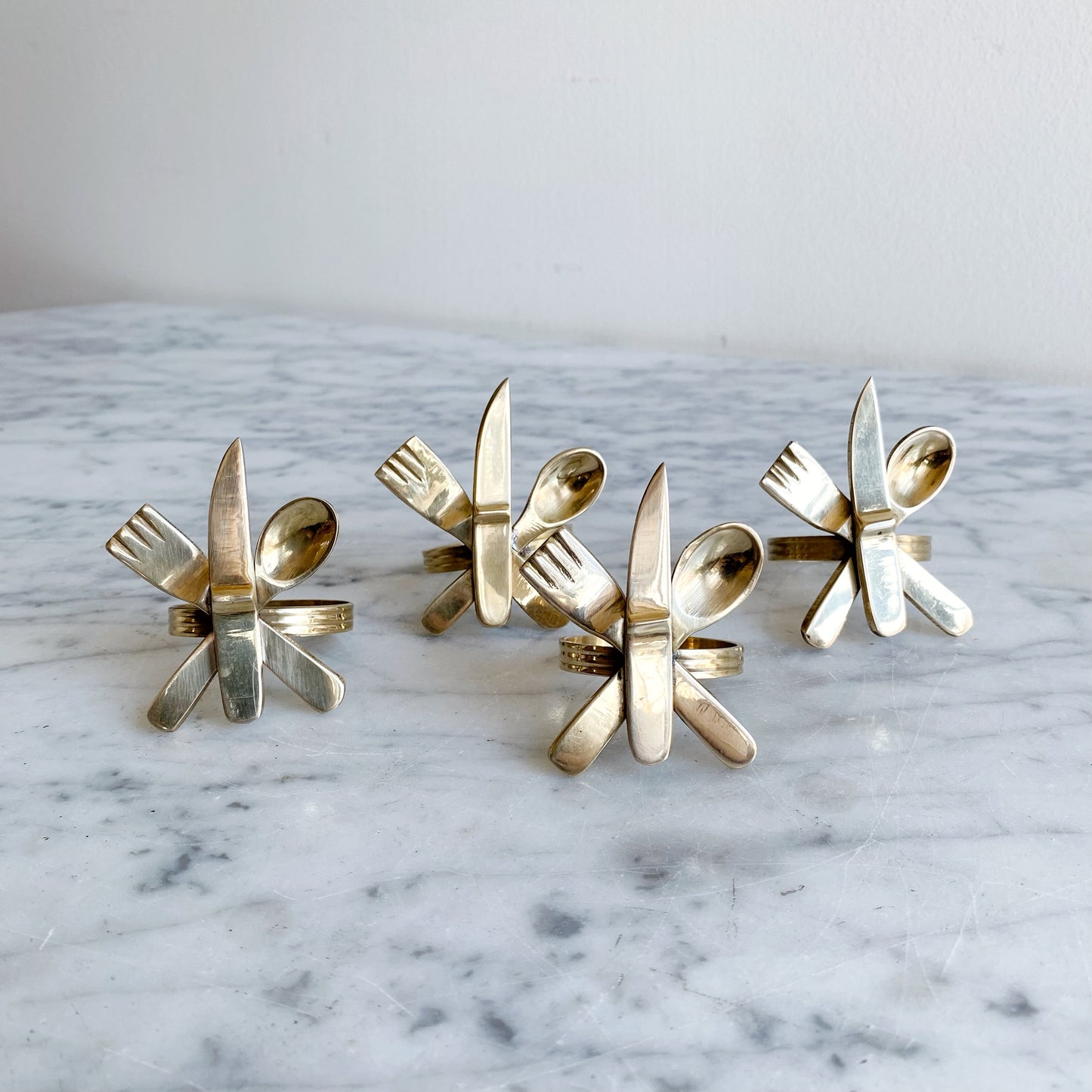 S/4 Vintage Modernist Brass "Flatware" Napkin Rings