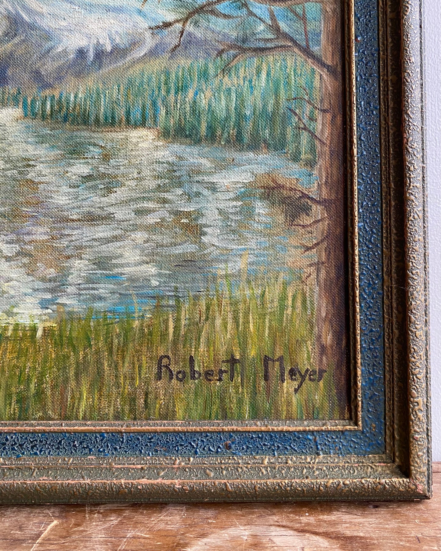 Vintage Original Framed Mountain Painting, 1952