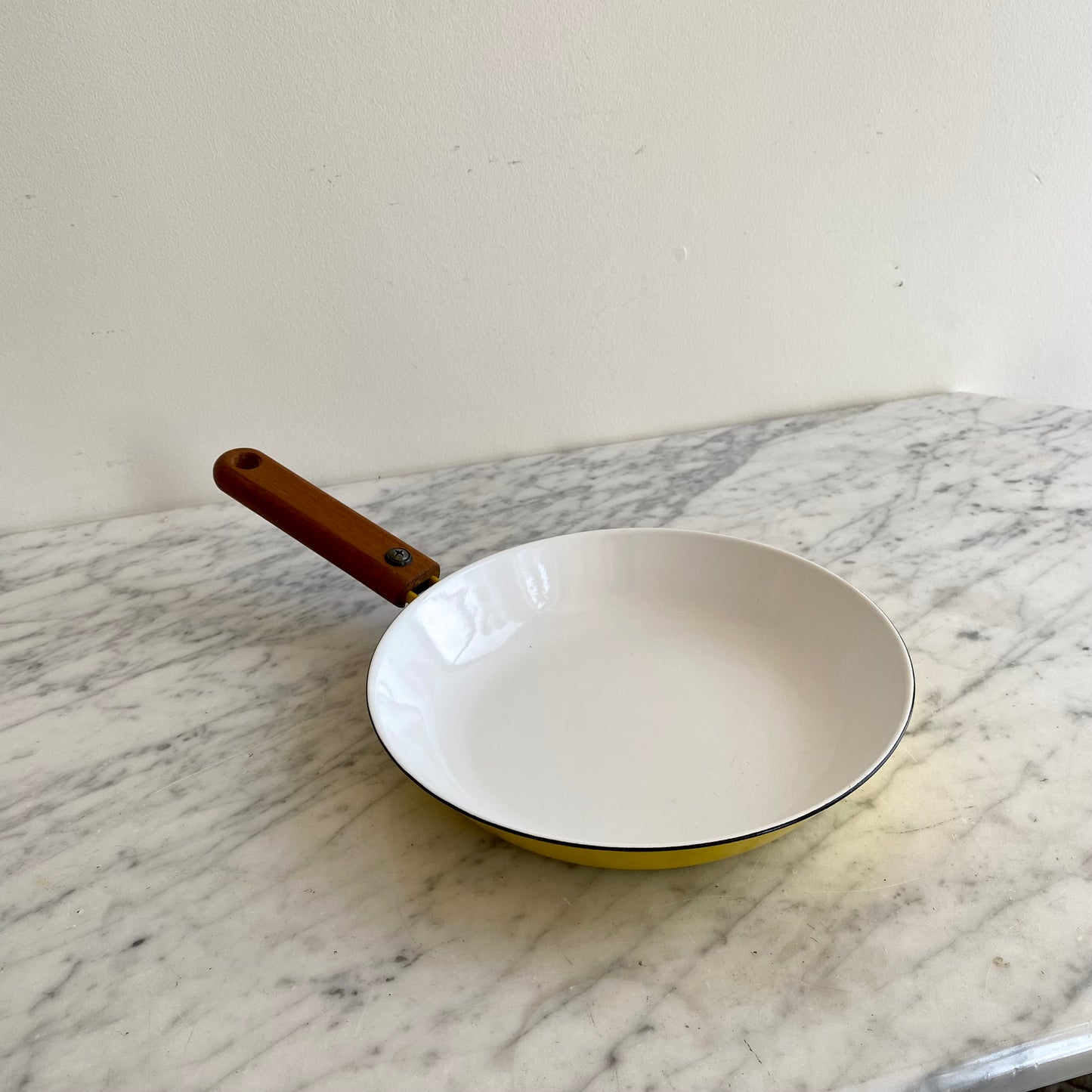 Vintage Yellow + White Enamel Skillet with Wood Handle